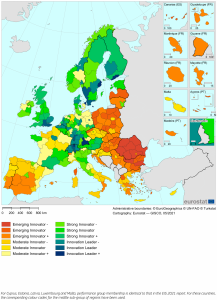 Mapa Europy podzielona na regiony, kolorami zaznaczono stopień innowacyjności poszczególnych regionów