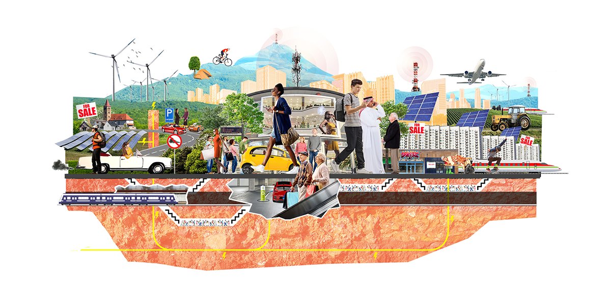 Kolaż złożony z postaci i grafik związanych z tematyką miejską