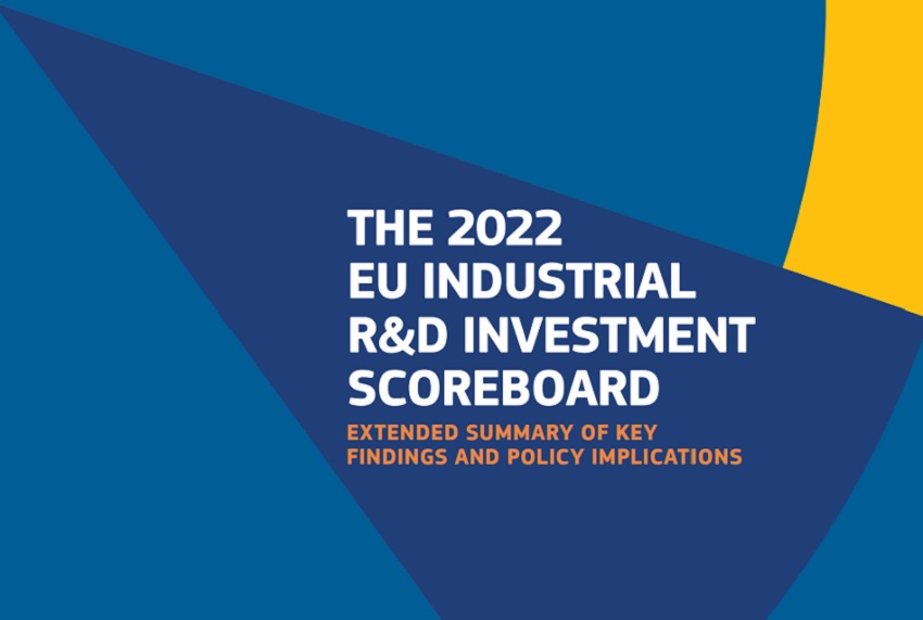 Niebiesko-granatowo-żółte tło, na nim angielski tytuł: the 2022 EU industrial r&d Investment Scoreboard