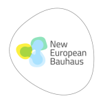 W szarym, nieregularnym kole logo z napisem New European Bauhaus