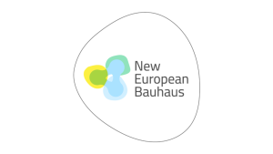 W szarym, nieregularnym kole logo z napisem New European Bauhaus