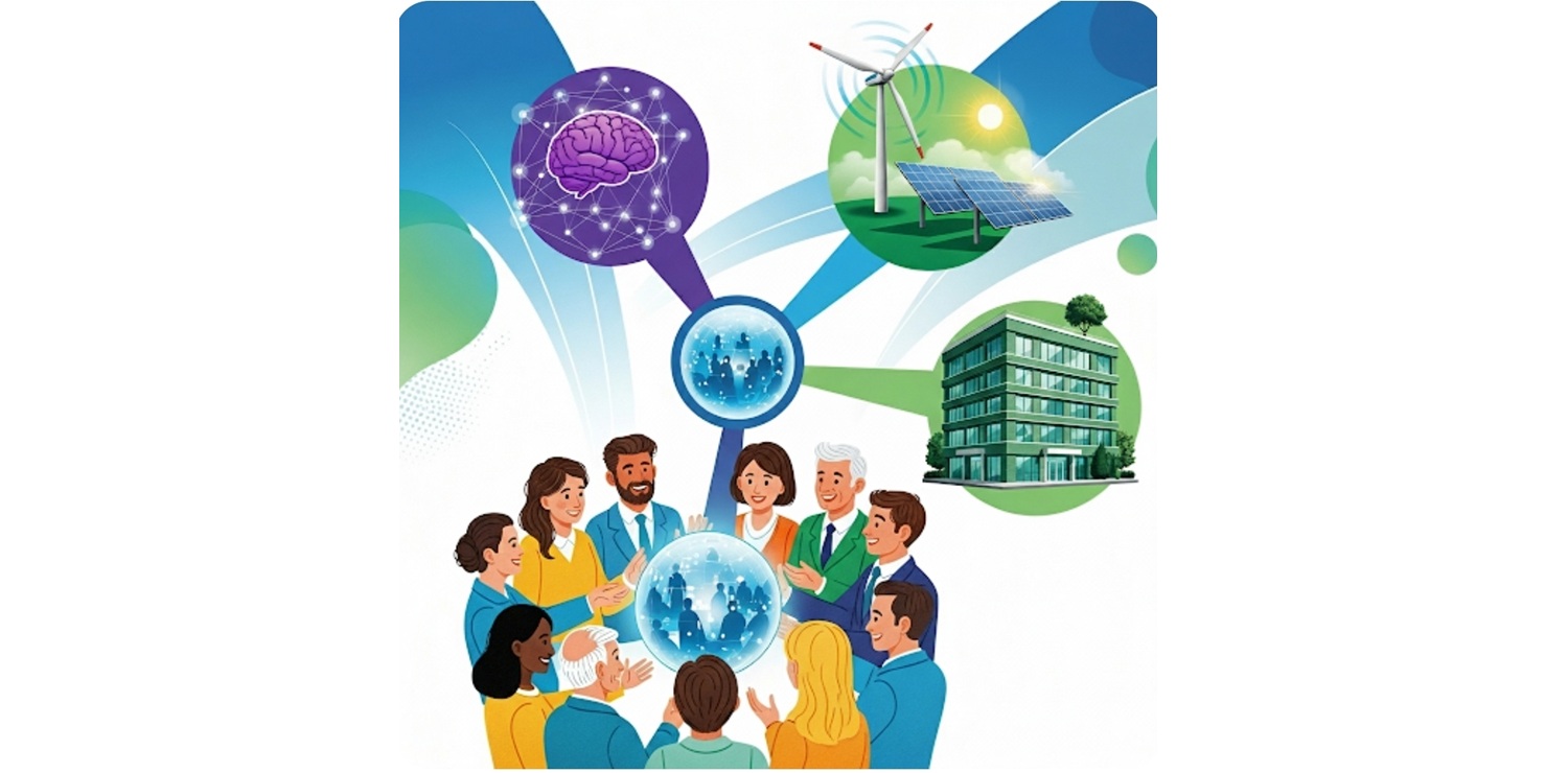 Grafika przedstawia grupkę ludzi otaczających glob ziemski, a nad ich głowami kule: fioletowa z ikoną przedstawiającą ludzki mózg, niebieska z wiatrakiem i panelami fotowoltaicznymi oraz zielona z kilkupiętrowym budynkiem.